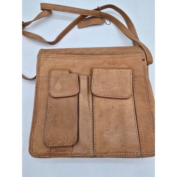 Vintage Tan Leather Crossbody Bag With Adjustable Strap & Multiple Compartments - Picture 8 of 12